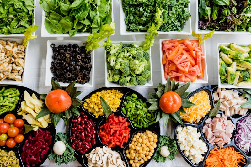 Selection of fruits and vegetables on a wooden table